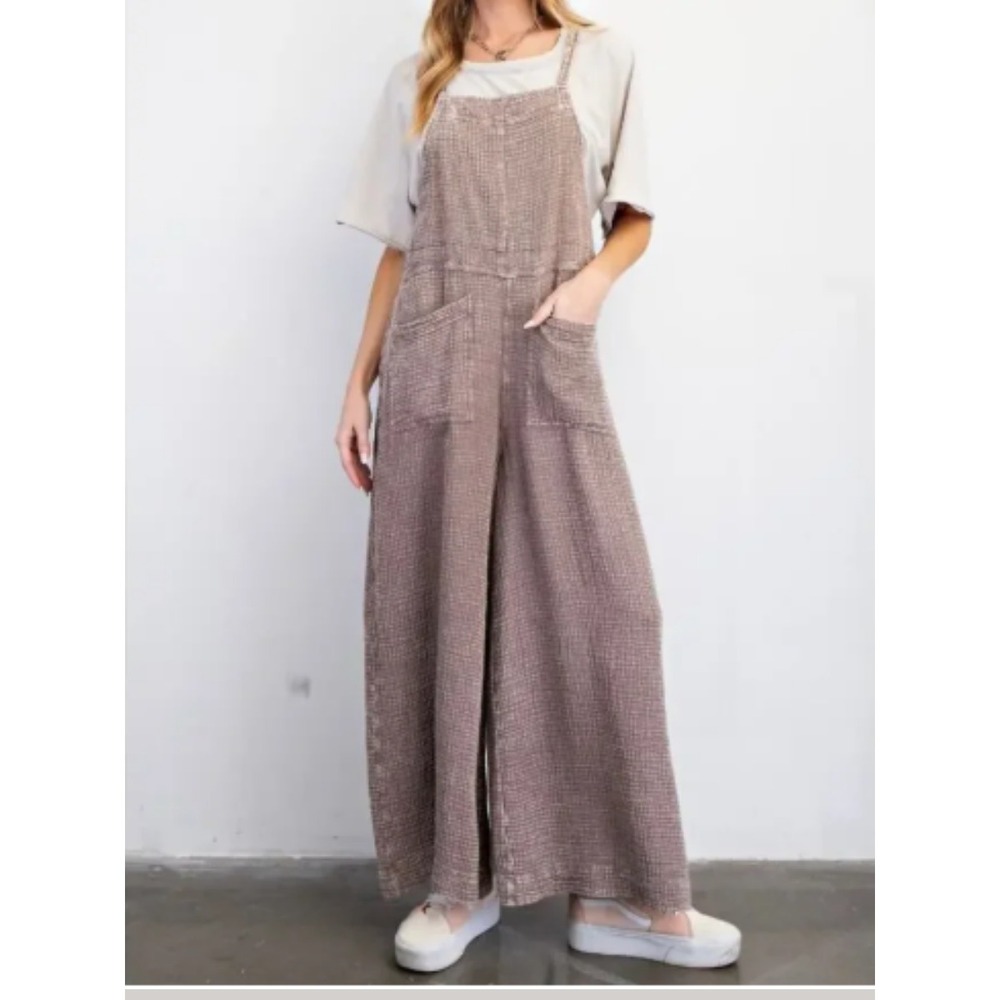 Easel Gauze Cotton Wide Leg Jumpsuit M Brown Tie Back Boho Hippie Lagen Overalls